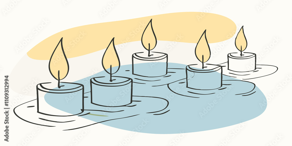 Poster Amber Flickers Picture floating candles in delicate holders casting warm amber light on the lakes surface. Each candle flickers softly creating a trail of golden reflections that