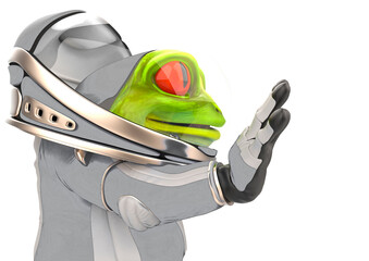 Naklejka premium frog astronaut is touching the air in white background side view