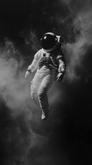 Fototapeta premium Mobile phone wallpaper: astronaut floating in space, smoke, minimalistic black and white photography style