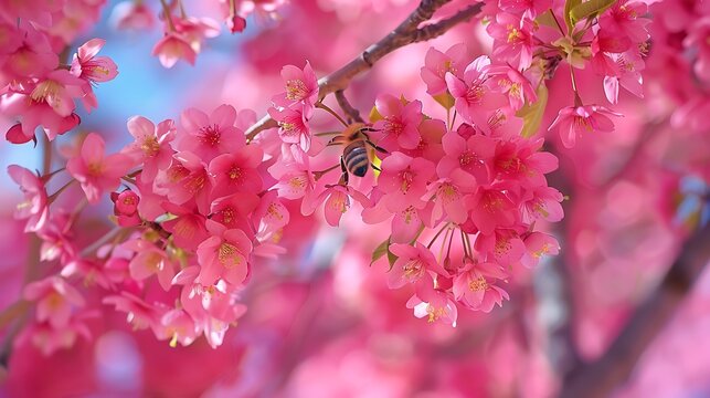 a wide shot of a bee collectin pollin on the cherry tree, adopt a bee, save the bees