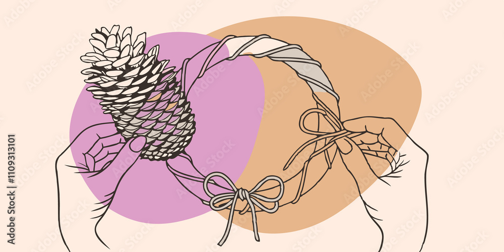 Aufkleber attaching pinecones the person holds a pinecone examining it closely and then begins to attach it to