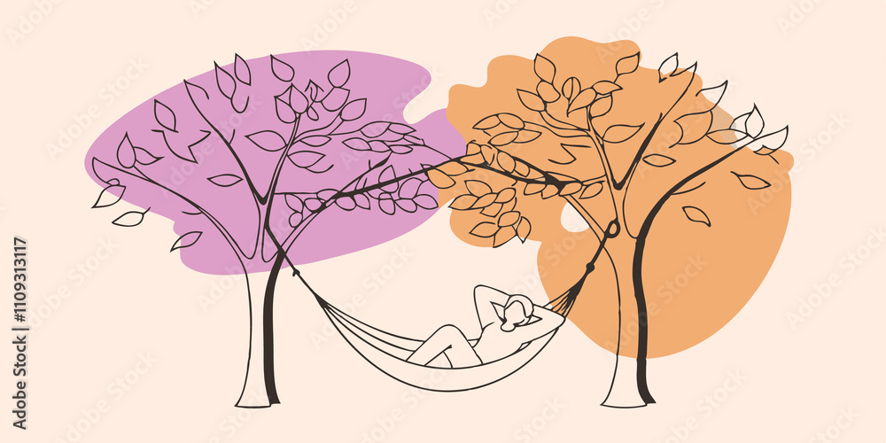 Aufkleber Autumn Vibes A person enjoys the colorful foliage of autumn in a hammock hung low between two vibrant maple trees. Leaves in shades of red and orange cascade down and the person is