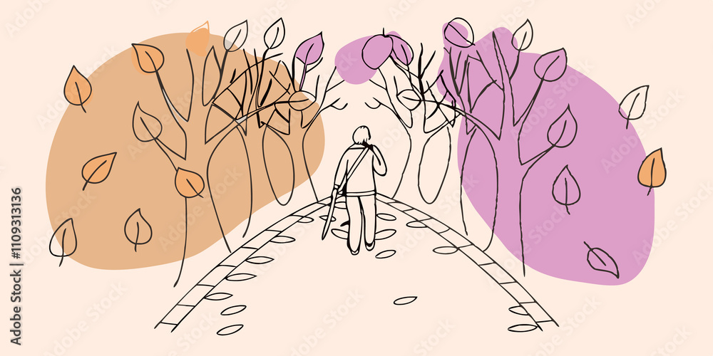 Aufkleber autumn pathway a painter stands on a leafcovered path in an autumn forest surrounded by trees ablaze