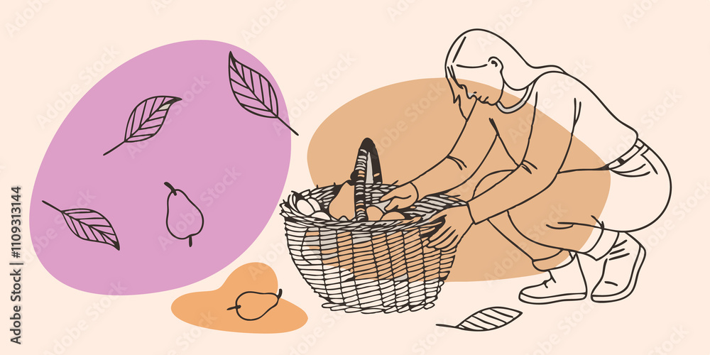 Poster basket gathering an individual squats down beside a fallen pear gently placing it into a woven baske
