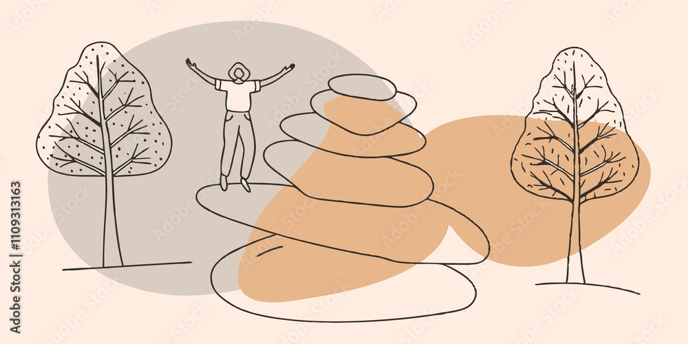 Poster balanced sculpture the growing stone stack begins to take shape featuring a harmonious arrangement o