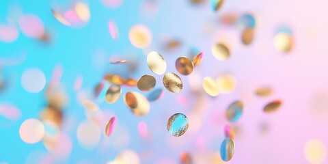 small golden round foil confetti flying on a holographic gradient color background, festive party backdrop, new year