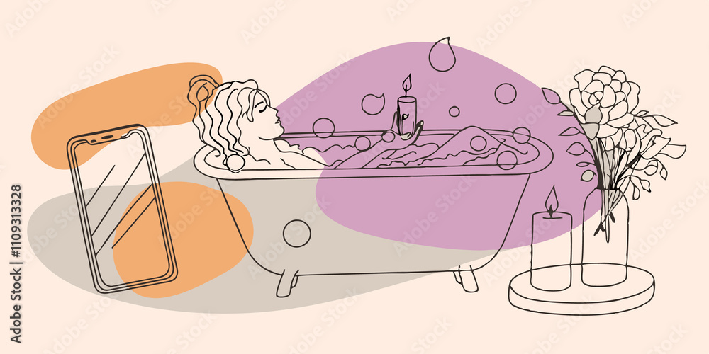 Poster calm bath time a person is shown relaxing in a warm bath filled with bubbles surrounded by candles a