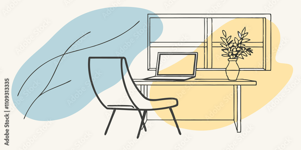 Aufkleber Break Time Invoked An empty chair is pushed back from a neat desk covered with a laptop and a digital sketchpad. A gentle breeze rustles through the window carrying the scent of