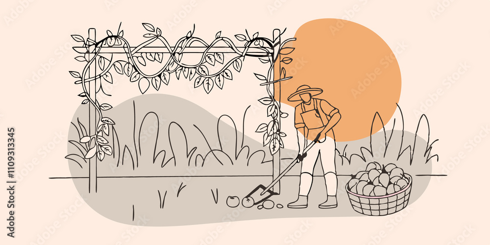 Aufkleber bountiful harvest a person stands beside a trellis covered in lush vines carefully digging up fresh 