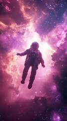Naklejka premium Mobile phone wallpaper: astronaut floating in space, surrounded by vibrant nebula clouds, with a dreamy and ethereal atmosphere, in a pink and purple color scheme