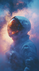 Mobile phone wallpaper: astronaut in space with smoke around the helmet, a blue and orange gradient background