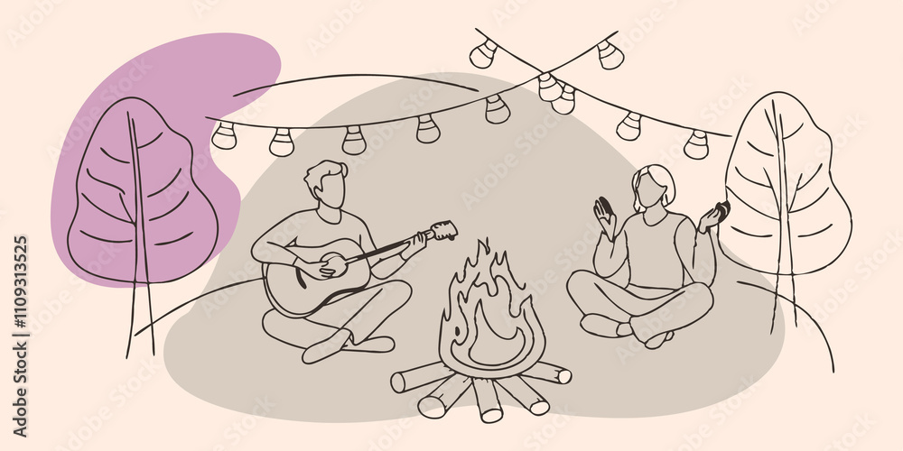 Poster charming campfire setup the scene shows a neatly arranged circle of friends around a spacious fire p