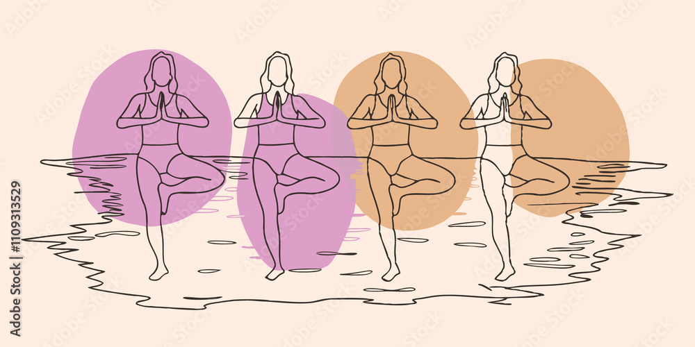 Poster Chakra Connection Participants are aligned in a line each balancing on one leg in Tree Pose. The reflections of their poses shimmer on the wet sand as the sun inches higher over