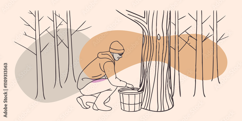 Poster checking on sap flow the person kneels beside a bucket lifting the lid to examine the sap inside. th