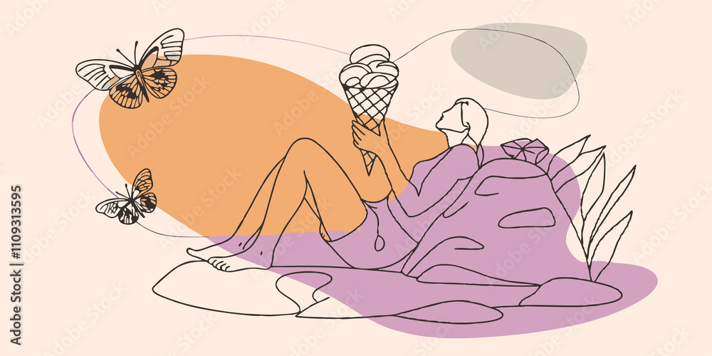 Aufkleber charming simplicity a person rests on a large rock by the lakeside legs stretched out comfortably. t