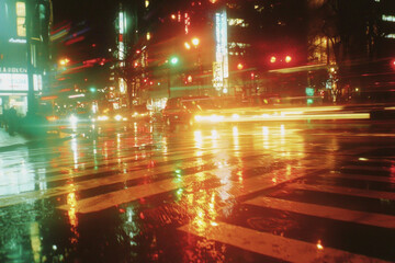 Blurred city lights and traffic reflecting on a rainy crosswalk at night.