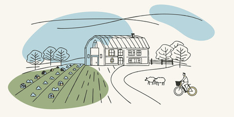 Charming Farmhouse A picturesque old farmhouse sits to the side of the cycling path with a red barn and grazing sheep nearby. The person enjoys the idyllic rural scene with patches