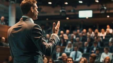 Business leader businessman giving a motivational speech at a corporate conference with a crowd of engaged professionals