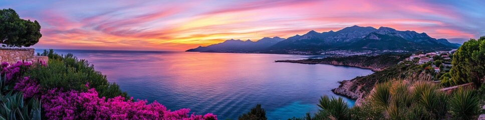 Fototapeta premium Panoramic View of Colorful Sunset Over the Sea with Mountains in the Background, AI generated illustration