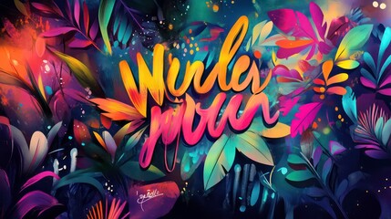 Vibrant tropical leaves surround colorful hand-lettered text "Wunderbar".