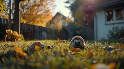 Fototapeta premium Adorable frightened hedgehog on a vibrant autumn lawn in a suburban garden setting