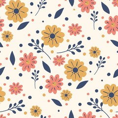 Fototapeta premium Floral Seamless Pattern, Simple Flowers, Leaves, Botanical Repeating Print, Elegant Design, Nature Decorative Background