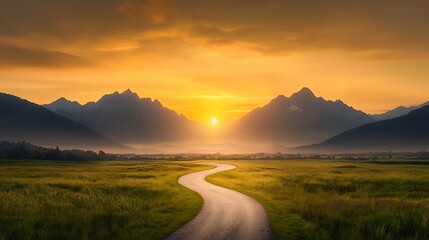 A tranquil road trip along a winding rural path leading to the horizon, highlighted by a location pin symbol, framed by a sunset sky and towering mountain peaks. Ultra-Realistic, Photo Realistic, 