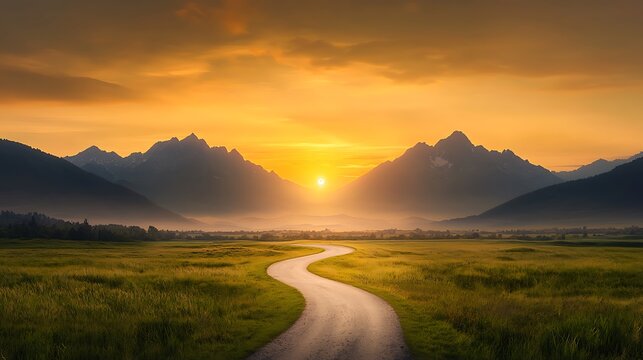 A tranquil road trip along a winding rural path leading to the horizon, highlighted by a location pin symbol, framed by a sunset sky and towering mountain peaks. Ultra-Realistic, Photo Realistic,  - Powered by Adobe