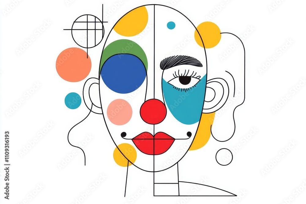 Poster A minimalist graphic of a clown face, drawn in simple geometric shapes with a bright red nose as the focal point