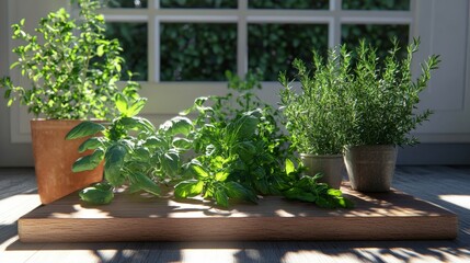 Fototapeta premium Fresh Herbs on Wooden Tray with Natural Light