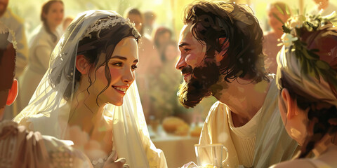 Marriage Supper of the Lamb: The Celebration of the Bride and the Bridegroom - Visualize a scene where the bride of Christ, the church, celebrates with the Lamb, Jesus Christ, in a joyous wedding