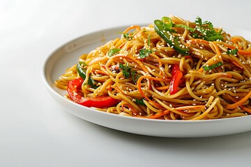 A plate of savory sesame noodles with fresh vegetables and a sprinkle of sesame seeds, set against a neutral white background with ample copy space