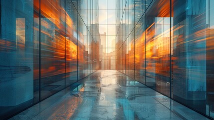 A city skyline seen through the glass walls of a modern office building.