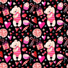 Watercolor hand drawn valentine's day seamless pattern. Holiday background with cute bears, cupcake, giftbox, candies, lollipop, cup, lips, red hearts, stars.