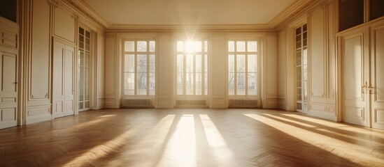 Obraz premium Cozy and spacious empty room featuring elegant decor and natural light ideal for interior design inspiration