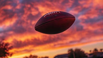 A football soaring against a vibrant sunset sky.