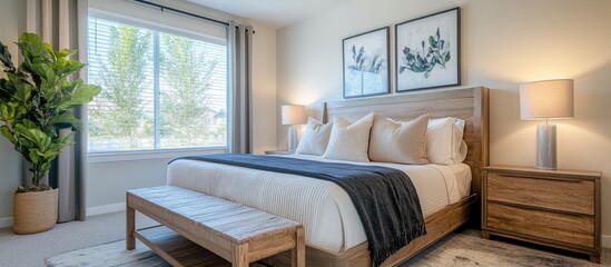 Fototapeta premium Cozy and inviting bedroom interior featuring soft lighting and tasteful decor perfect for relaxation and comfort