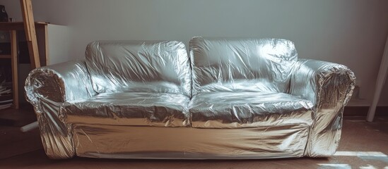 Couch wrapped in protective foil during room painting ensuring cleanliness and prevention of splatters