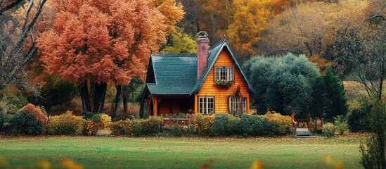 Cozy house for auxiliary workers nestled in colorful autumn park seasonal tranquility