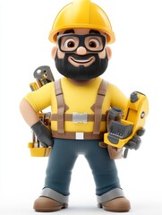 Fototapeta premium Happy Construction Worker 3D Icon - Friendly cartoon construction worker, tools, hard hat, safety, building