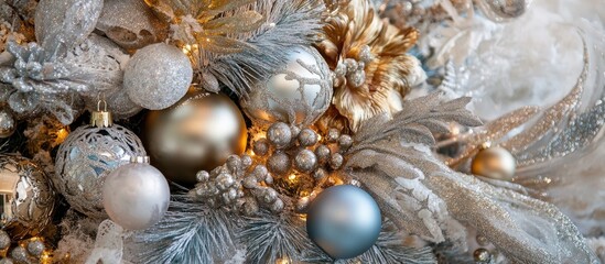 Fototapeta premium Colorful silver and gold ornaments adorning a beautifully decorated Christmas tree creating a festive holiday atmosphere