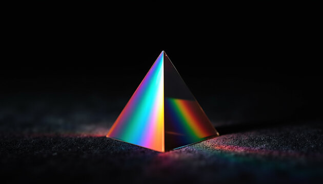 A glass pyramid refracts light  creating a vibrant rainbow spectrum on a dark surface.