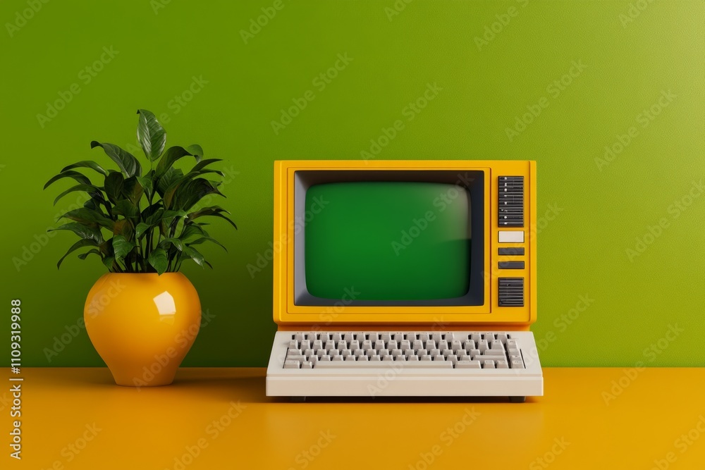 Poster A retro computer from the 1980s, with a monochrome green screen, floppy disks, and a chunky keyboard