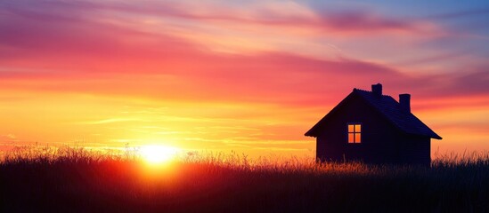 Cozy cottage silhouette against a vibrant sunset sky perfect for relaxation and nature appreciation