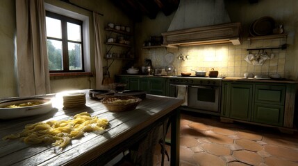 Traditional Kitchen with Soft Lighting and Fresh Pasta