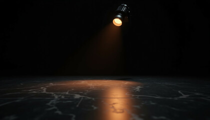 A single spotlight illuminates a dark marble floor  creating a dramatic  atmospheric scene.