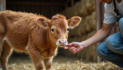 Adorable brown calf in a barn  gently touched by a person's hand.