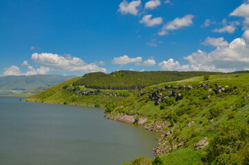Aparan reservoir and Tsaghkunyats mountain range scenic view from Jrambar, Armenia