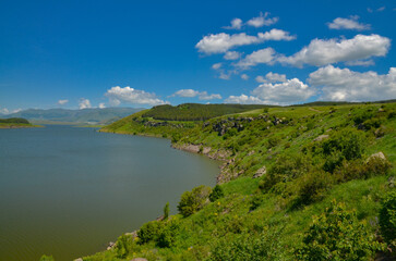 Aparan reservoir and Tsaghkunyats mountain range scenic view from Jrambar, Armenia