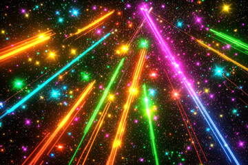 Obraz premium Colorful light beams shooting through a starry, sparkling space background.